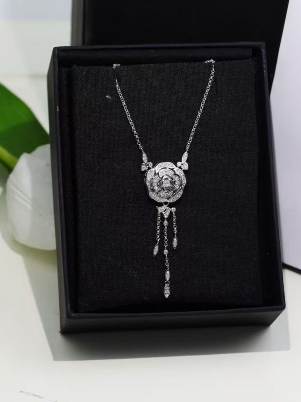 Chanel Camellia Silver Tone Pave Tassel Pendant Necklace